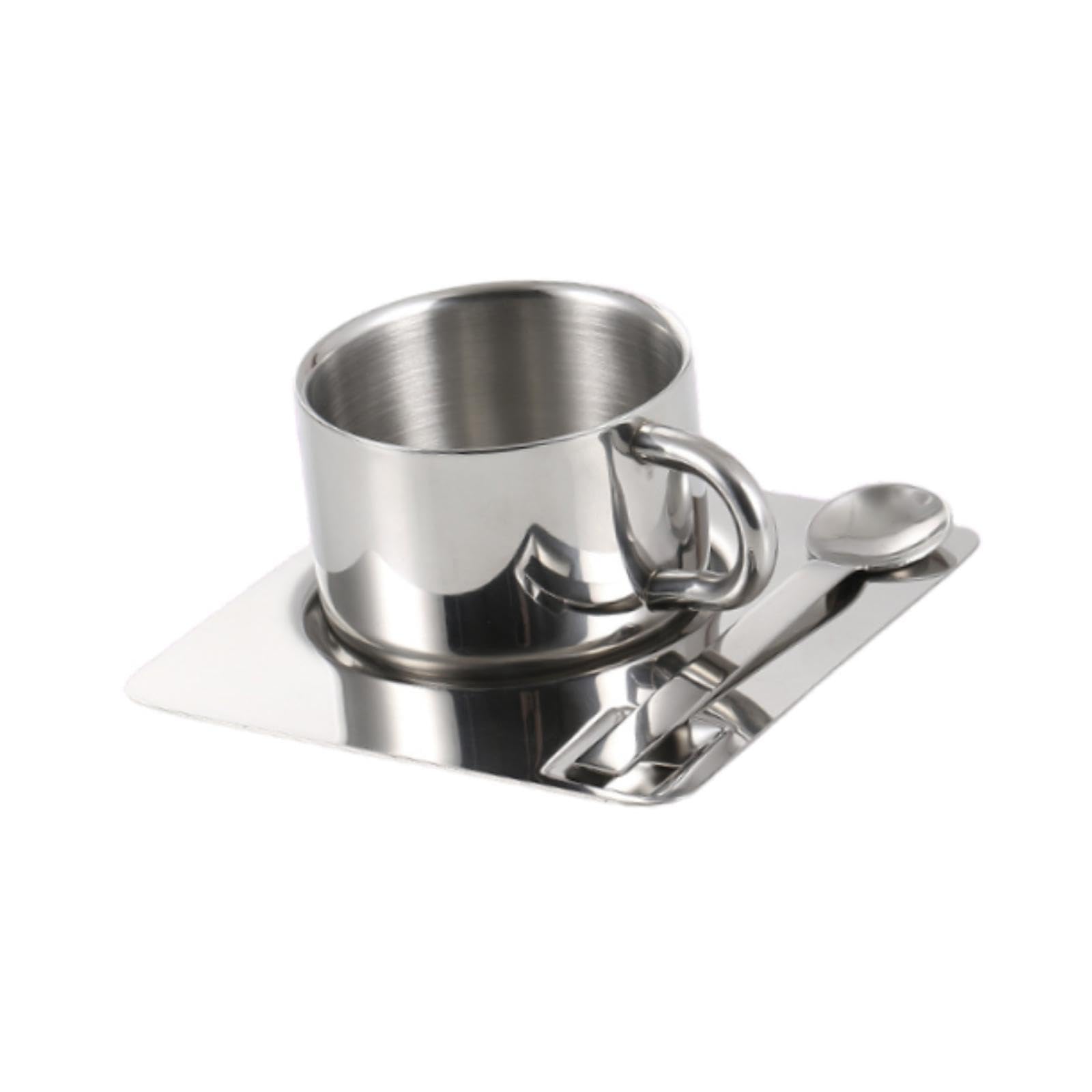 MagiDeal Taza de Café Juego con Plato y Tazas de Leche de Cuchara de Acero Inoxidable Taza de Té Portátil de Metal Portátil para Restaurante, Casa de Cocina