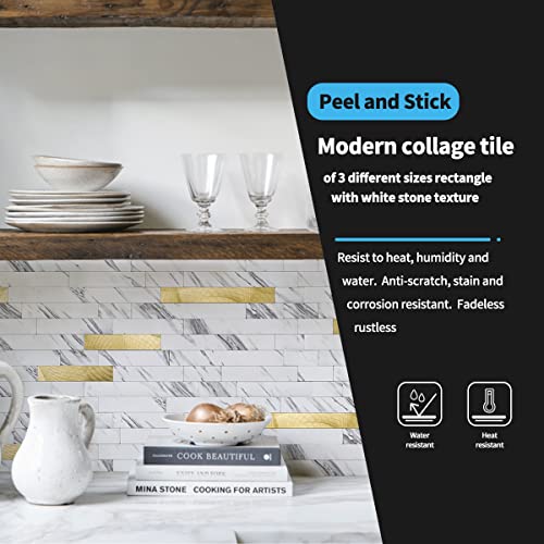 Art3D 10-Sheet Peel And Stick Backsplash Tile For Kitchen Bathroom Fireplace Laundry Room In White Slate With Gold Studded #TOP2