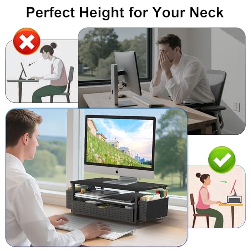 Spacrea Desk Organizer and Accessories, Computer Monitor Stand Riser with Drawer and 2 Pen Holders, Office Desk Accessories & Workspace Organizers for Office Supplies (Black) - Image 6