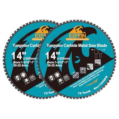 14 Inch 72T Metal Circular Saw Blade - 2-Pack EXFEIN Tungsten Carbide Tipped Saw Blade Arbor 1-3/16" for Metal Sheet or Pipe, Angle Iron, Rebar, Ferrous Metals, Non-Ferrous Metals