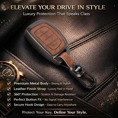 Image of Coll of Fest Premium Metal Leather Key Cover Compatible with Hyundai Creta | Venue | i20 | Tucson | Elantra | Alcazar | Creta 2022 4 Button Smart Key