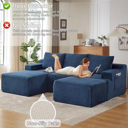 Image of 96.1 inch Modular Sectional Sofa with Ottoman, Modern Corduroy Cloud Couch, Boneless Couch Upholstered 3-Seater U-Shaped Sofa for Living Room, No Assembly (Blue, Right-Facing Chaise)