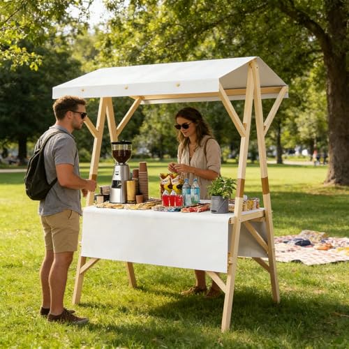 Outdoor Vendor Cart with Canopy, Portable Food Display Stand, Foldable Vending Stand Kiosk Display Trolley for Outdoor Events, Street Food, Markets(White,120cm/47.2in)