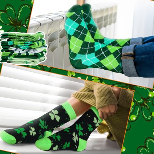 Image of 12 Pairs St. Patrick's Day Socks Fun Shamrock Clover Irish Black Green Novelty Crew Dress Socks St. Patricks Day Party Gift for Womens Men