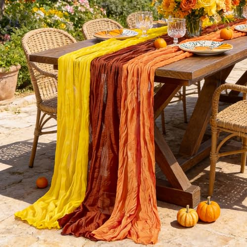 Image of Cheesecloth Table Runner Fall Boho 3pcs Mix and Match Wedding Decor | Terracotta Orange Yellow Rustic Gauze 10FT Cheese Cloth Sheer Farmhouse Runner for Wedding Party Holiday Decorations