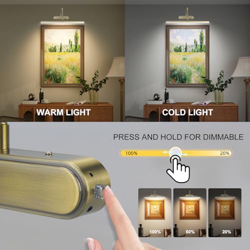 Image of RAIFOOLLY Picture Light,2 Colors Art Lights for Paintings,15.9 inch Battery Operated Wall Lighting,Remote Accent Light with Timer and Dimmable for Frame,Portrait,Dartboard-Antique Brass