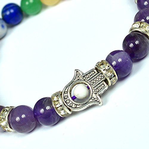 Image of Reiki Crystal Products Certified Natural Crystal Stone 7 Chakra with Hamsa 8 mm Round Beads Bracelet for Men & Women | Reiki Charged Gemstone Bracelet | Multiple Stone Variants Available