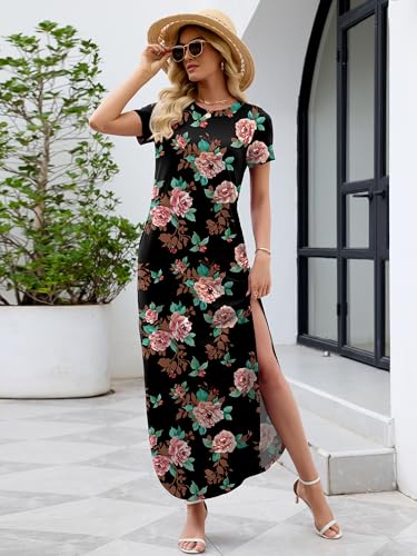 Image of Heymoments Womens Summer Maxi Dress Short Sleeve Casual Loose Long T Shirt Split Vacation Beach Sundress with Pockets