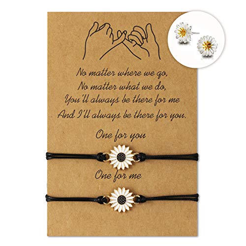 Pinky Promise Cute Daisy Bracelet for Women Girls Flower Charm Boho Friendship Jewelry Waterproof Cord Mom Daughter Sister Best Friend Bracelets 2 Pack