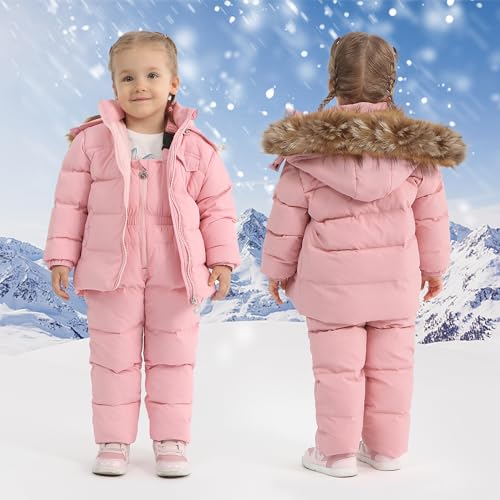 CARETOO Toddler Boys Girls Winter Down Coats Snowsuit Outerwear 2Pcs Clothes Hooded Jacket Snow Ski Bib Pants Outfits Set2