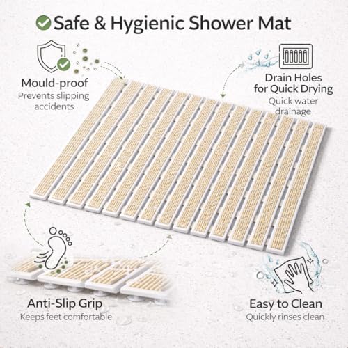 Image of Eurotex Premium Comfy Shower Mat with Suction Cups and Drain Holes, Non Slip, Anti Skid Plastic Bath Mat of PVC Rubber, 27x16 Inch, Best Foot mats for Walk-in Showers Mat (Beige)