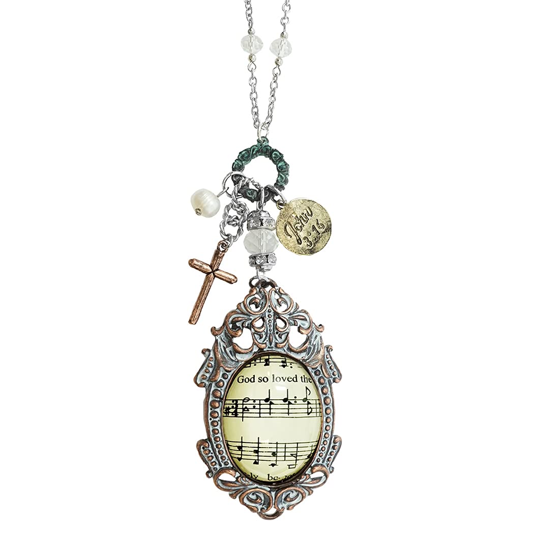 Rosemarie's Religious GiftsWomen's Inspirational Hymnal JOHN 3:16 Glass Bubble Cabochon With Charms Necklace, 30"+3" Extender