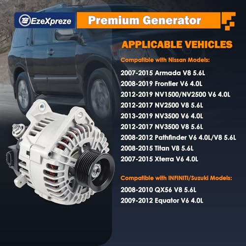 Image of Ezexpreze 11256N Alternator Fit for 2007-2019 Nissan Armada Frontier Pathfinder Titan Xterra, 2008-2010 Infiniti QX56, 2009-2012 Equator, 12V 130A OE#11256 23100-ZH00A 23100-ZH00B TG15C113