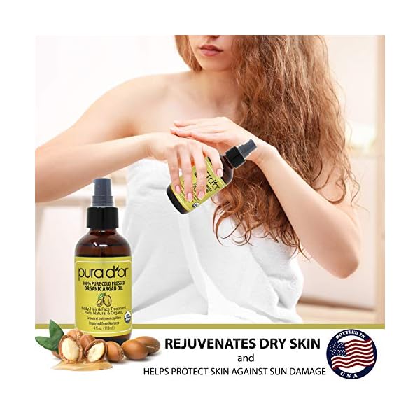 PURA D'OR Organic Moroccan Argan Oil (4oz / 118mL) USDA Certified 100% Pure Cold Pressed Virgin Premium Grade Moisturizer Treatment for Dry, Damaged Skin, Hair, Face, Body, Scalp (Packaging may vary)