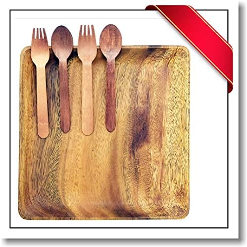 Innovatronix 1 Piece Handmade 10 Inches Wooden Acacia Large Square Plate/Tray - FREE 2 Pairs Of Wood Disposable Spoon And Fork | 10x10x1 Inches