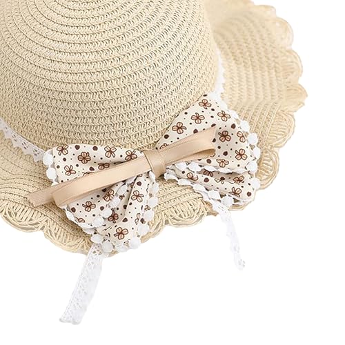 Girls Sweet Lace Bowknot Summer Sunblock Straw Hat with Crossbody Bag Wide Brim Outdoor Beach Sun Protection Bucket Hat4