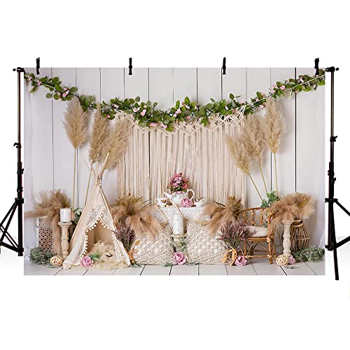 AIBIIN Fotohintergrund 1. Geburtstag – Boho-Stil, 2,1x1,5 M, Mit Zelt, Gänseblümchen & Quasten, Aus Polyester, Für Babyfotos & Deko