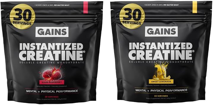Gains in Bulk Instantized Creatine Monohydrate for Women and Men, Soluble Pre Workout Powder, Supports Muscle Building, Strength and Performance, Sweet Lemonade and Sour Raspberry, 60 Servings