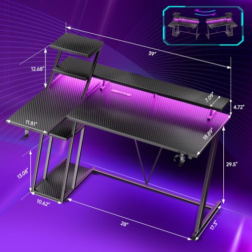 Image of Korfile 40 Inch Gaming Desk with LED & Power Outlet, Carbon Fiber Black