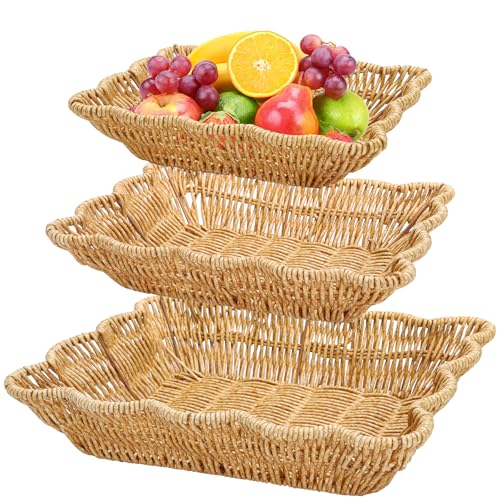 Jucoan 3 Pack Poly Wicker Bread Baskets, Imitation Rattan Fruit Baskets, Rectangular Tabletop Woven Serving Baskets Trays for Fruits Vegetables and Snacks, Restaurant Hotel Kitchen