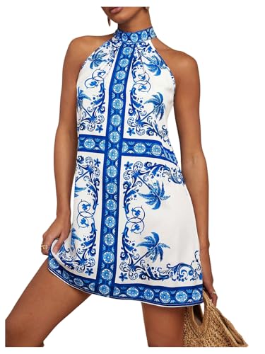 Floerns Women's Sleeveless Floral Print Sundress Halter Neck A Line Short Dress Blue and White Small
