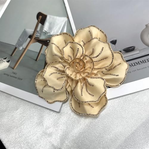 Image of Fabric Rhinestone Flower Big Brooch Lapel Pins for Women Elegant Crystal Floral Brooches Pin for Dresses Suit Accessories Jewelry Boutonniere Corsage Wedding Party 5.5in