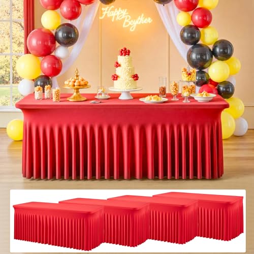 Image of 4 pk Red Spandex Tablecloth 6ft with Ruffle Skirt,Wrinkle Free High Stretchy Fitted Tablecloths for 6 Foot Rectangle Tables,Pleated Spandex Table Covers 6ft for Christmas Parties Banquet Weddings