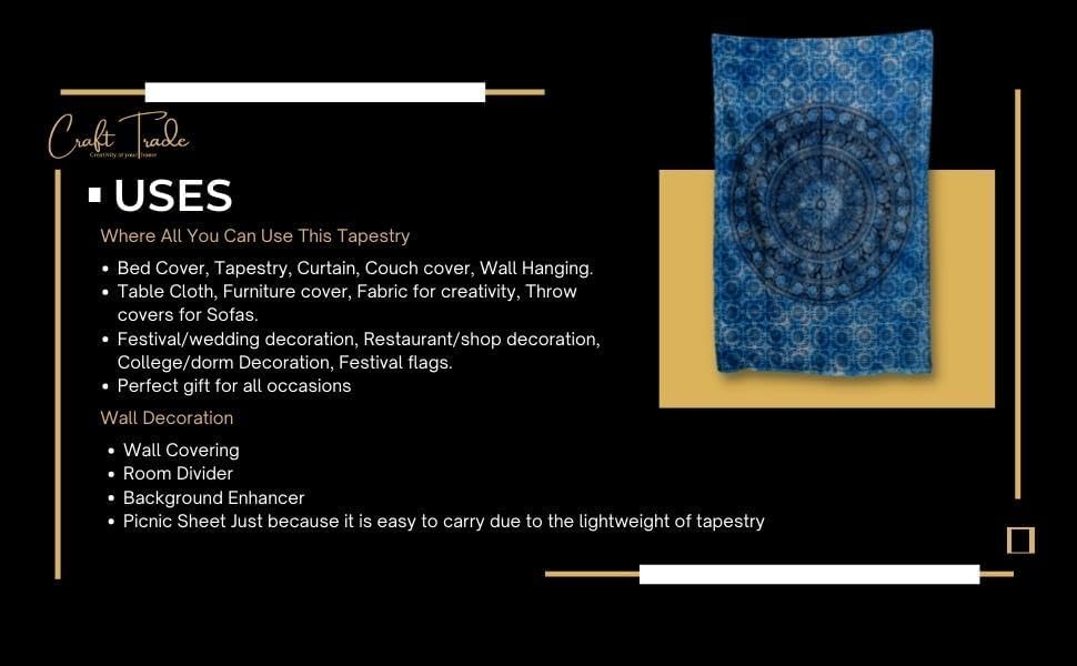 Image of Craft Trade 84x90 Inches Blue Cotton Mandala Ombre Wall Hanging Tapestry