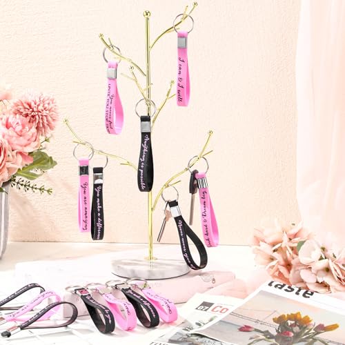 Image of Fumete 24 Pcs Inspirational Keychain Gift Employee Appreciation Gift for Women Motivational Key Rings Thank You Keychain(Black & Pink)