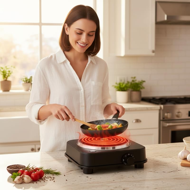 Image of Drumstone (𝐒𝐩𝐞𝐜𝐢𝐚𝐥 20 𝐘𝐞𝐚𝐫𝐬 𝐖𝐚𝐫𝐫𝐚𝐧𝐭𝐲) Portable 2000W Electric G Coil Stove with Stand, Fast Heating Cooktop for Kitchen, Home, Restaurant Cooking, Durable Black Design