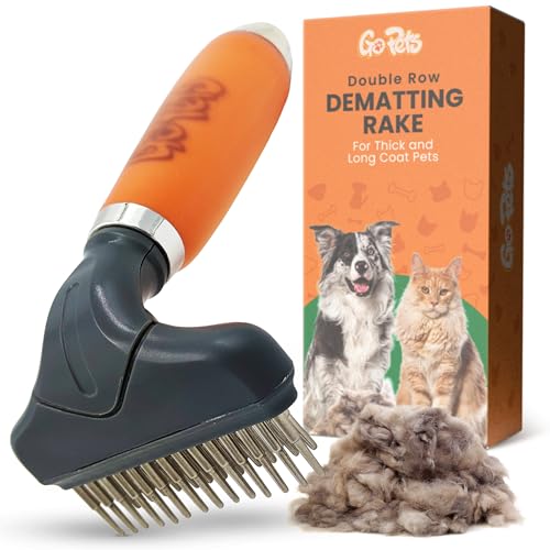 GoPets Double Row Dematting Rake Undercoat Deshedding Tool for Dogs and Cats, Dog Brush for Shedding and Grooming, Long Hair Pet Grooming Brush for Mat Removal, Detangling, and Shedding Control