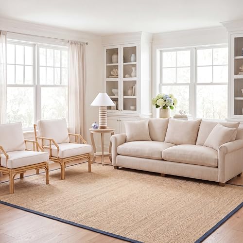 SAFAVIEH Area Rug 8x10 - Natural Fiber Collection - Large - Natural & Blue, Seagrass, Herringbone Pattern (NF115E)