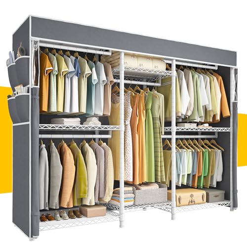 Raybee Clothes Rack with Cover,Clothing Racks for Hanging Clothes Heavy Duty,Portable Closet with Shelves,Adjustable,Loads 905 LBS,White,75" W*17.8" D*77" H