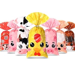 Pajean 120 Pieces Farm Animal Party Favor Bags Plastic Candy Goodies Gift Treat Bags Farmhouse Decor for Baby Shower Boys Girls Kids Happy Birthday Party Decorations Supplies