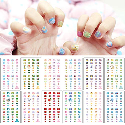 EBANKU Self Adhesive Nail Art Stickers for Kids with Nail File, 12 Sheets 3D Fruits Moon Crowns Rainbow Ice Cream…