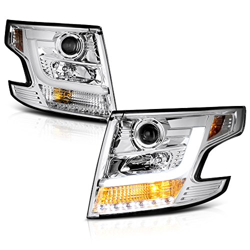 [For 2015-2020 Chevy Tahoe Suburban Halogen Model] OLED Neon Tube Chrome Projector Headlight Headlamp Assembly, Driver & Passenger Side