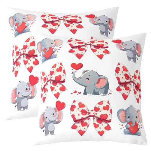 Homewish Housse de Coussin Lot de 2 Elephant Bowknot Housse Coussin 50x50 Cartoon Bow Elephant Taie Oreiller Enfants Filles Garçons Kawaii African Wild Animal Taie d'oreiller Love Heart Bow