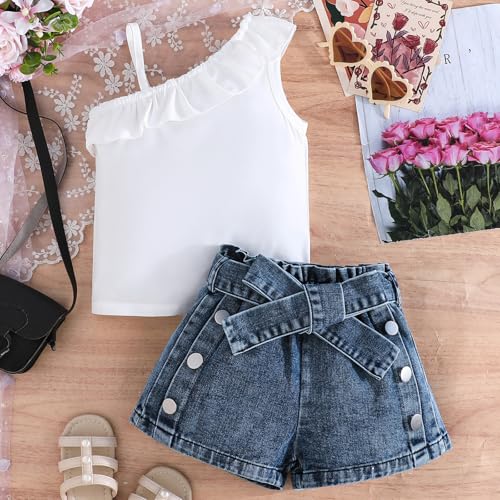 Kids Girls Summer 2 Piece Denim Outfits Sleeveless One Shoulder Ruffle Hem Tops + Trendy Jean Shorts Set3