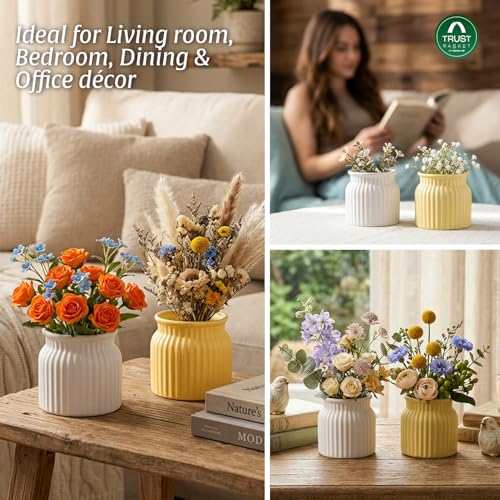 Image of TrustBasket Sereno Decorative Plastic Flower Vase Set White & Yellow, Modern Table Top Home Decor Accent for Living Room Bedroom, Office, Compact Minimalist Durable Vase Set of 2