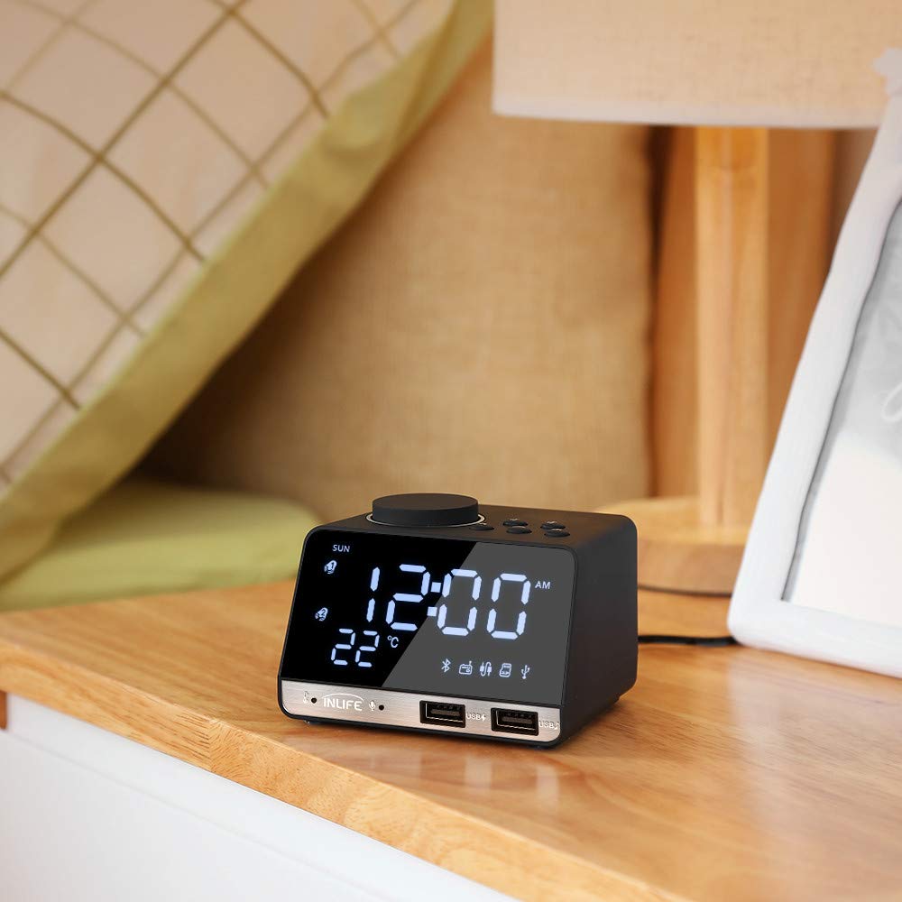 Reloj Despertador Bluetooth Radio Reloj Despertador Altavoz con 2 Puertos USB Led Reloj Despertador Digital Inicio Posponer Reloj De Mesa