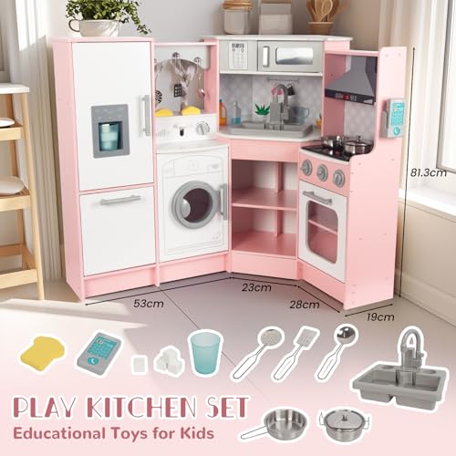 Wooden Pink Kitchen Playset for Kids with Real Lights and Sounds, Include Water Circulation Faucet, Ice Machine, Pop-up Toaster, Microwave, Oven, Cell Phone, Hoods, Gas Stoves and Cooking Accessories