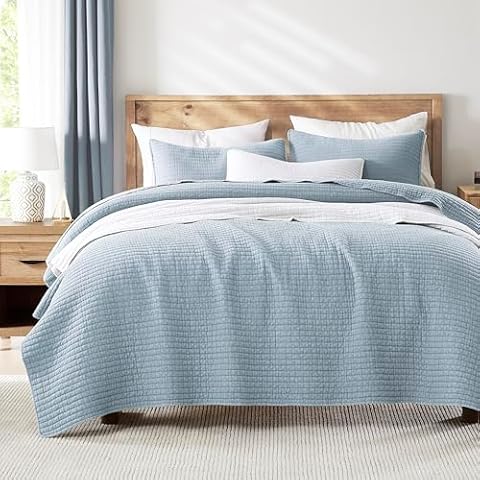 WDCOZY Blue Queen Size Quilt Set, Muslin Cotton Shell Down-Alt Poly Filling, Shabby Chic Rustic Farmhouse Country Bedspread, Textured Gauze Coverlet, Soft Lightweight Bedding, All Season, 2 Shams Cover