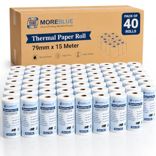 Image of MOREBLUE Pack of 40 Thermal Paper Rolls, 79mm x 15m POS White Paper Rolls, Smooth Print Billing Paper for Credit Card Machine, POS Printer, Petrol Pump Billing
