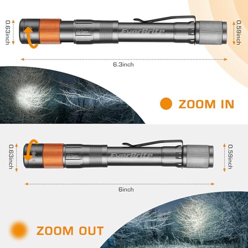 Image of EverBrite Rechargeable Pen Light, 300 Lumens EDC Flashlight, Zoomable LED Pocket Flashlight with Clip, Memory Function and USB C Cable Included, for Camping, Emergency, Gray