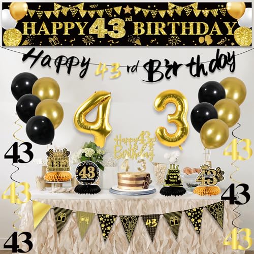 Image of 43rd Birthday Decorations for Men, Black Gold 43rd Party Decoration Kits | 27pcs Happy 43rd Birthday Set, Banner, Honeycomb, Balloons, Gold Number, Candle, Hanging Swirls, Cake Topper, Party Supplies