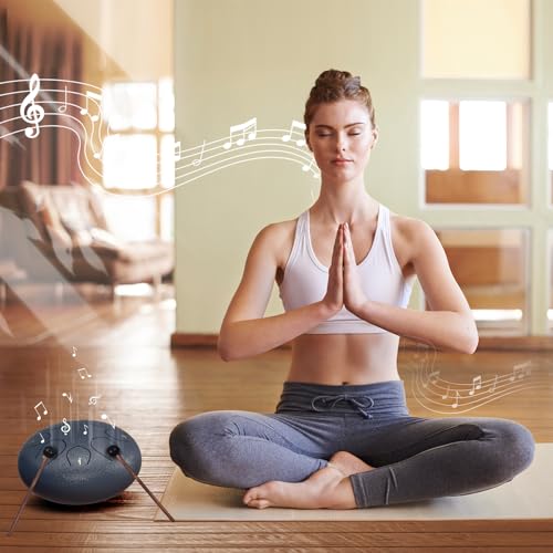 Image of Rain Drum for Outside Garden, 6 Inches 8 Notes Steel Tongue Chakra Drums, Waterproof Echo Rain Chime Meditation Drums, Musical Instruments for Adult Gift with Bag, Music Book, Drum Mallets (Navy Blue)