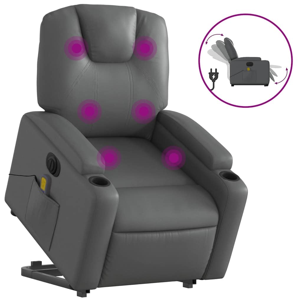Sillón elevador eléctrico reclinable con masaje por vibración, color gris, de piel sintética, 6 puntos de masaje, función de elevación e inclinación de 135 grados, estructura