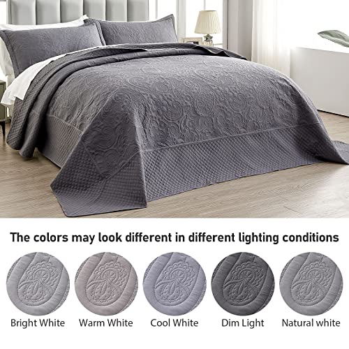 Image of Qucover California King Bedspreads 128x120, Soft Microfiber Ultrasonic Lightweight Dark Grey Oversized King Quilt, 3 Piece Reversible Paisley Pattern Cal King Quilt Set, Grey