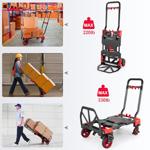 Image of 2 in 1 Folding Hand Truck, 330lbs Aluminum Portable Dolly Cart, Red | Converts to 2 & 4 Wheel Platform Truck with 5 inch Solid Rubber Wheels, 3-Gear Handle for Moving /Travel /Office
