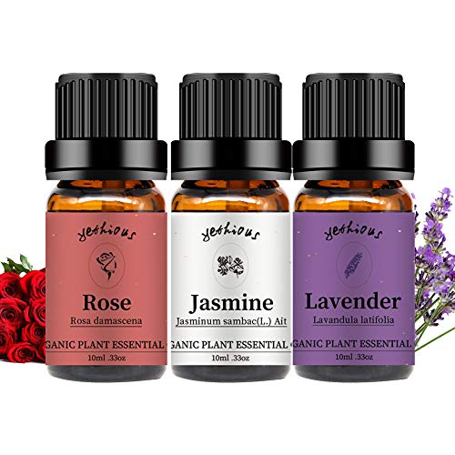 Yethious Jasmine Essential Oil Rose Essential Oil Lavender Essential Oil Set 100% Pure Organic Jasmine Aromatherapy Oils Gift 3 Pack For Diffuser Rose Fragance Oil #TOP8